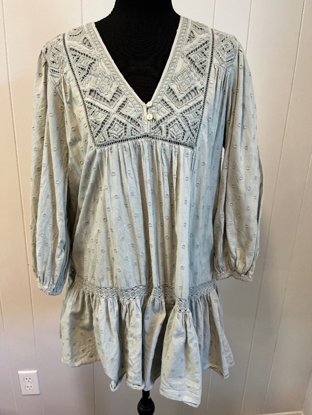 Zara Tunic Mini Dress Cotton sz S Boho Cottagecore Sage Green Detailed